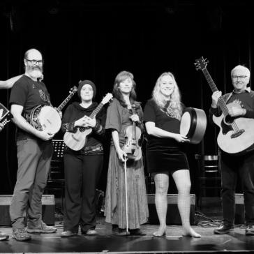 Das Bild zeigt sieben Musiker auf einer Bühne mit verschiedenen Instrumenten wie Banjo, Gitarre und Geige, alle in schwarzen T-Shirts, bereit für eine musikalische Darbietung