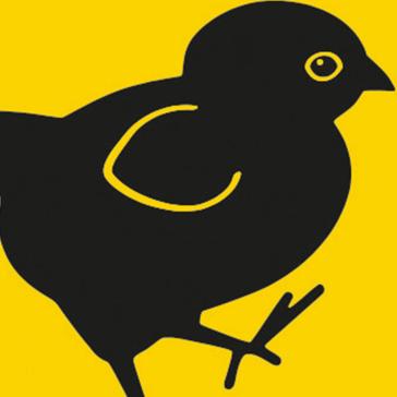 Schwarzes Küken-Symbol auf gelbem Hintergrund, das stilisiert und in einfacher Form dargestellt ist.