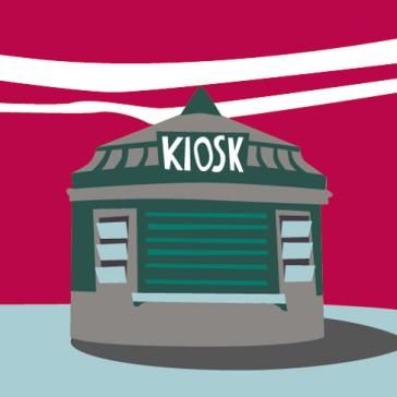 Illustration eines grünen Kiosks vor einem roten Hintergrund mit weißen Wellen. Text: SCHÖNEBERGER ALLERLEI - Teil 3.