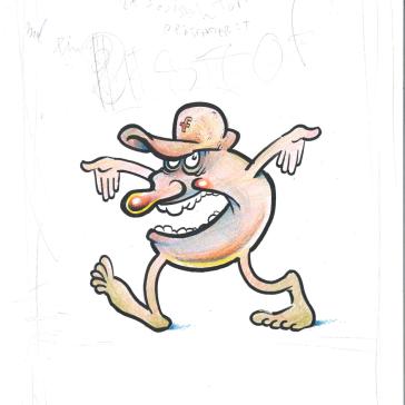 Eine humorvolle Cartoonfigur mit menschlichen Gliedmaßen, Baseballkappe, tänzelnder Pose und skurrilem Gesichtsausdruck, gezeichnet in einem verspielten Stil.