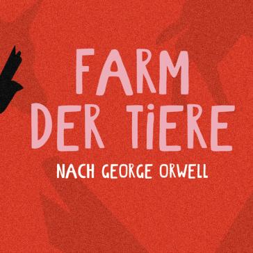 Rotes Poster mit schwarzem Vogel und Rind. Titel: „Farm der Tiere – nach George Orwell“ in großer Schrift. Oben rechts ein weißes Label mit „LL Live“, unten links „Live-Hörspiel“ in weißer Schrift.