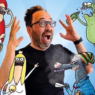Ein Mann mit Brille und Bart schreit erschrocken, umgeben von bunten, witzigen Cartoonfiguren mit übertriebenen Gesichtsausdrücken auf blauem Hintergrund.