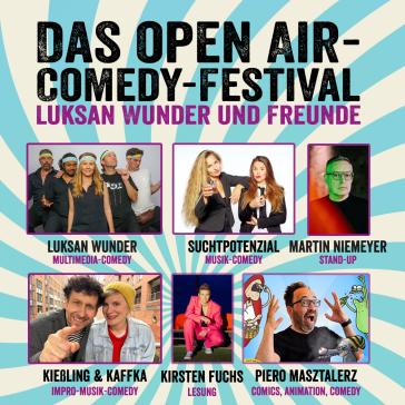 Plakat zum Open-Air-Comedy-Festival am 24.07.2025 in Berlin mit Luksan Wunder, Suchtpotenzial, Martin Niemeyer, Kiebling & Kaffka, Kirsten Fuchs und Piero Masztalerz.