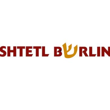 Logo mit rotem Schriftzug „Shtetl Berlin“, wobei das „E“ in „Berlin“ durch einen stilisierten hebräischen Buchstaben in Gold ersetzt ist. Weiße Hintergrundfläche.