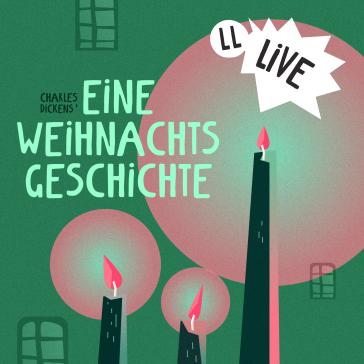 Illustration mit vier brennenden Kerzen vor grünem Hintergrund, leuchtenden Lichtkreisen und angedeuteten Fenstern – stilisiert und stimmungsvoll in warmen Farben gestaltet.