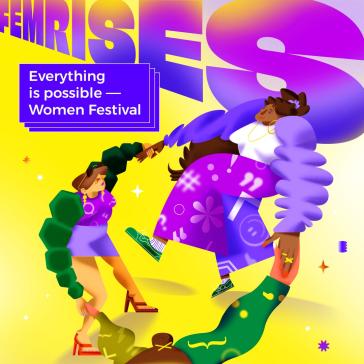 Buntes Festivalplakat mit tanzenden Frauenfiguren vor gelbem Hintergrund. Text: „Everything is possible – Women Festival“, 08.–10.08.2025, Ufafabrik Berlin.