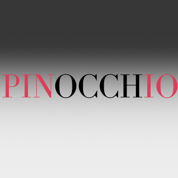 Schriftzug „PINOCCHIO“ auf grauem Farbverlauf-Hintergrund. Die Buchstaben „PIN“ und „IO“ sind pink, „OCCH“ ist schwarz. Elegant und schlicht gestaltet.