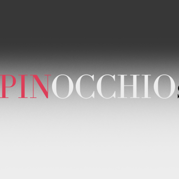 Schriftzug „PINOCCHIO“ auf grauem Farbverlauf-Hintergrund. Die Buchstaben „PIN“ und „IO“ sind pink, „OCCH“ ist schwarz. Elegant und schlicht gestaltet.