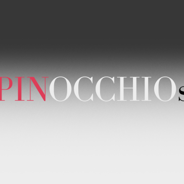 Schriftzug „PINOCCHIO“ auf grauem Farbverlauf-Hintergrund. Die Buchstaben „PIN“ und „IO“ sind pink, „OCCH“ ist schwarz. Elegant und schlicht gestaltet.