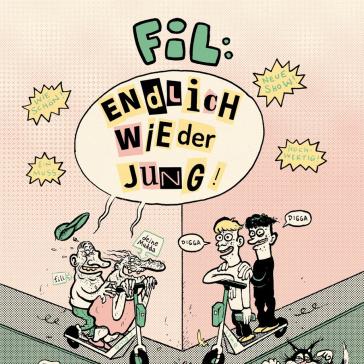 Comic-Plakat mit Text 'Endlich wieder jung!': Älteres Paar auf E-Scootern fährt an zwei jungen Männern vorbei, eine Katze und ein Küken schauen zu. Sprechblasen mit humorvollen Kommentaren.
