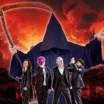 Vier Personen in Anzügen stehen vor einer apokalyptischen Stadtkulisse: Eine riesige, kapuzenbekleidete Gestalt mit Sense hält sie umschlungen, eine Person trägt eine pinkfarbene Maske.