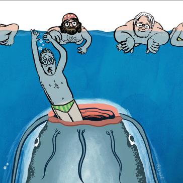 Gezeichnete Szene: Vier Männer im Wasser, einer wird von einem großen Wal verschluckt, während er mit den Armen zappelt; die anderen drei schwimmen erschrocken im Hintergrund.