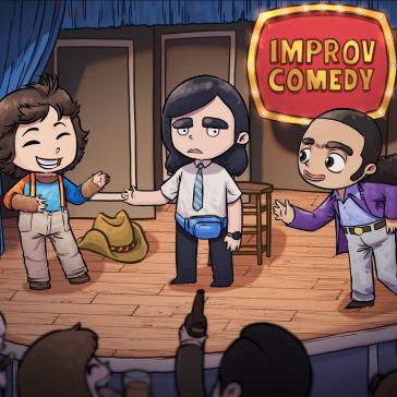 Drei Comic-Figuren auf einer Bühne mit dem Schild 'Improv Comedy': Eine Person mit Trägern und Hut, eine mit Krawatte und Bauchtasche, eine mit lila Jacke. Publikum im Vordergrund.