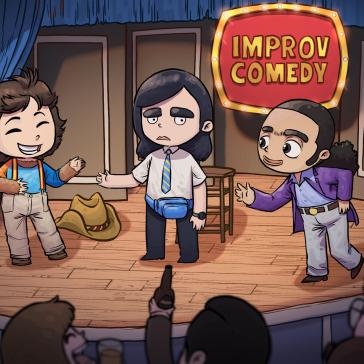 Drei Comic-Figuren auf einer Bühne mit dem Schild 'Improv Comedy': Eine Person mit Trägern und Hut, eine mit Krawatte und Bauchtasche, eine mit lila Jacke. Publikum im Vordergrund.
