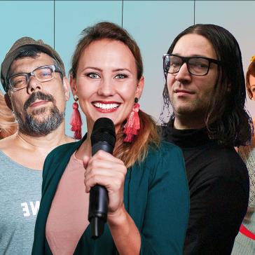 Sieben Personen vor pastellfarbenem Hintergrund: Frau mit Mikrofon und pinken Ohrringen im Zentrum, links Person mit Brokkoli, rechts Mann mit Afro-Look und Sonnenbrille.