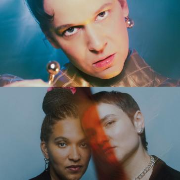 Doppelte Porträtcollage: Oben Person mit intensiven Augen und Ohrring vor blauem Hintergrund, unten zwei Personen mit ernsten Blicken, eine mit Zöpfen, vor blau-rot beleuchtetem Hintergrund.