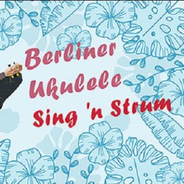 Illustration eines Bären mit Ukulele und Text: „Berliner Ukulele Sing 'n Strum“.