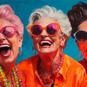 Drei lachende ältere Frauen mit Sonnenbrillen in leuchtenden Farben: Rosa, orange und pinke Haare, bunte Kleidung und Schmuck, fröhliche Gesichtsausdrücke vor blauem Hintergrund.