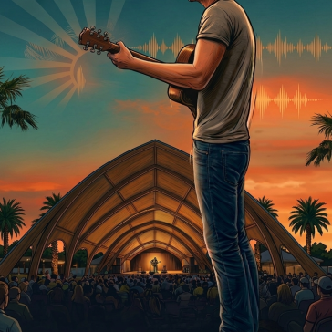 Person spielt Gitarre auf einer Open-Air-Bühne bei Sonnenuntergang, Publikum sitzt vor einer Holz-Pavillon-Bühne, Palmen im Hintergrund, warme Abendstimmung mit orangefarbenem Himmel.