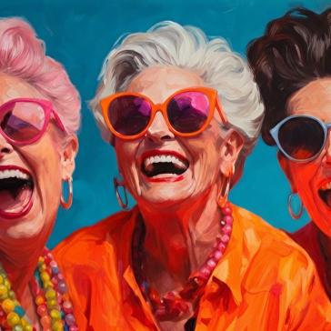 Drei lachende ältere Frauen mit Sonnenbrillen in leuchtenden Farben: Rosa, orange und pinke Haare, bunte Kleidung und Schmuck, fröhliche Gesichtsausdrücke vor blauem Hintergrund.