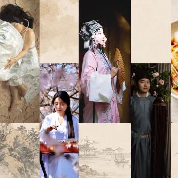 Collage: Frau im weißem Kleid am Felsen, Frau mit traditionellem Instrument unter Kirschblüten, Frau in rosafarbenem Hanfu mit Fächer, Mann mit Guzheng, asiatisches Gericht, Logo ‚Berlin C‘ mit Bambus und Bergen.