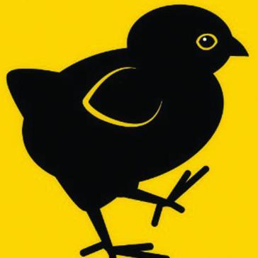Schwarzes Küken-Symbol auf gelbem Hintergrund, das stilisiert und in einfacher Form dargestellt ist.