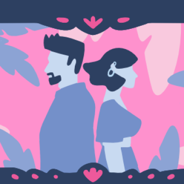 Zwei Personen in Blau vor pink-blauem Blätterhintergrund, eine hält ein Glas, Herz- und Pfeilsymbole umrahmen die Szene.