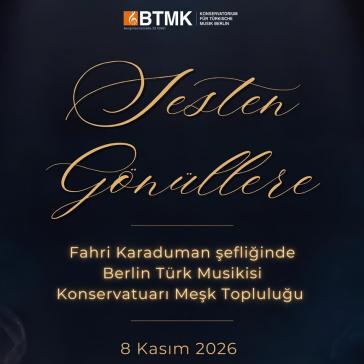 Plakat: ‚Feslen Gönüllere‘ – Konzert am 8. November 2026, 19:00 Uhr in der ufaFabrik, mit Oud, Kanun und Violine.