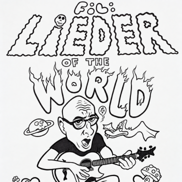 Handgezeichnete Illustration: Mann mit Brille spielt Gitarre, umgeben von Fabelwesen, Text ‚Lieder of the World‘ und Planeten.