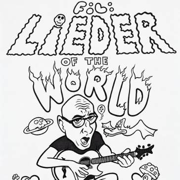 Handgezeichnete Illustration: Mann mit Brille spielt Gitarre, umgeben von Fabelwesen, Text ‚Lieder of the World‘ und Planeten.