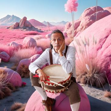 Person in blauem Hemd und Hosenträgern sitzt nachdenklich auf rosa Felsblock, mit Snaredrum und Drumsticks, in rosa Wüstenlandschaft unter blauem Himmel.