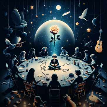 Surreales KI-Bild: Kind mit Mikrofon an gedecktem Rundtisch, darüber leuchtende Rose aus Planet, dunkler Sternenhimmel mit schwebender Gitarre und Trompete.
