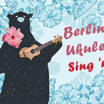 Illustration eines Bären mit Ukulele und Text: „Berliner Ukulele Sing 'n Strum“.