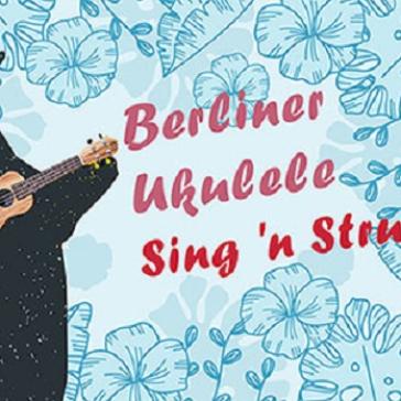 Illustration eines Bären mit Ukulele und Text: „Berliner Ukulele Sing 'n Strum“.