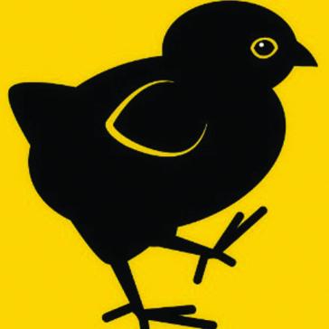 Schwarzes Küken-Symbol auf gelbem Hintergrund, das stilisiert und in einfacher Form dargestellt ist.