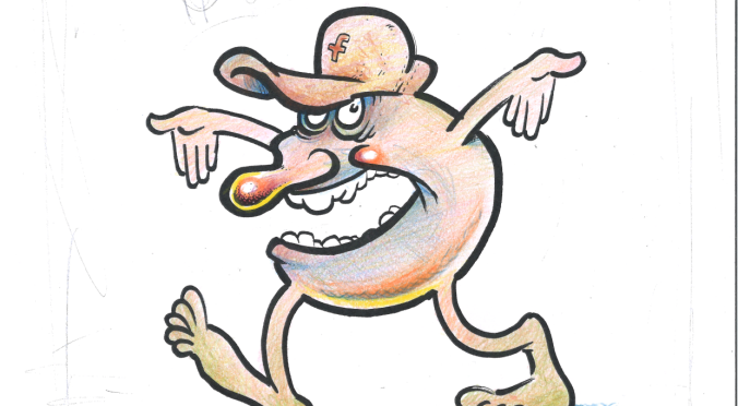 Eine humorvolle Cartoonfigur mit menschlichen Gliedmaßen, Baseballkappe, tänzelnder Pose und skurrilem Gesichtsausdruck, gezeichnet in einem verspielten Stil.