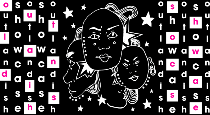 Das Bild zeigt ein stilisiertes Schwarz-Weiß-Porträt von Gesichtern, umgeben von Sternen und Buchstaben. Die Buchstaben formen das Wort "OUTLANDISH SHOWCASE", wobei einige in rosa hervorgehoben sind.