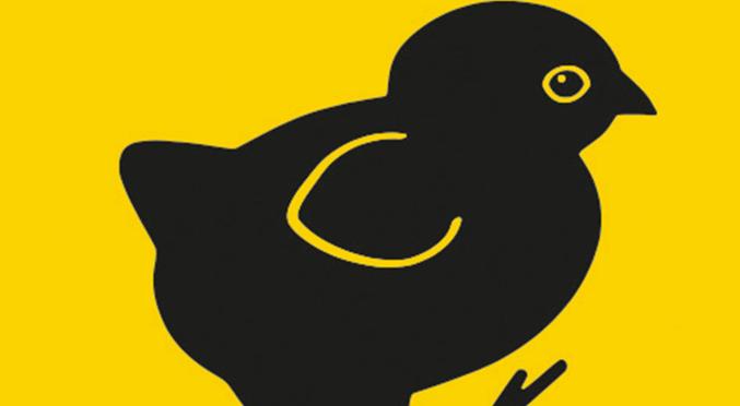 Schwarzes Küken-Symbol auf gelbem Hintergrund, das stilisiert und in einfacher Form dargestellt ist.