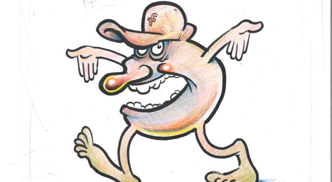 Eine humorvolle Cartoonfigur mit menschlichen Gliedmaßen, Baseballkappe, tänzelnder Pose und skurrilem Gesichtsausdruck, gezeichnet in einem verspielten Stil.