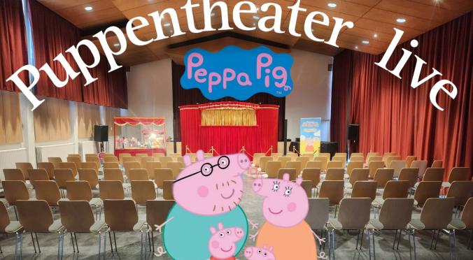 Ein Saal mit Stuhlreihen vor einer roten Puppenbühne. Peppa Wutz und Familie sind digital eingefügt. Schrift: „Puppentheater live“.