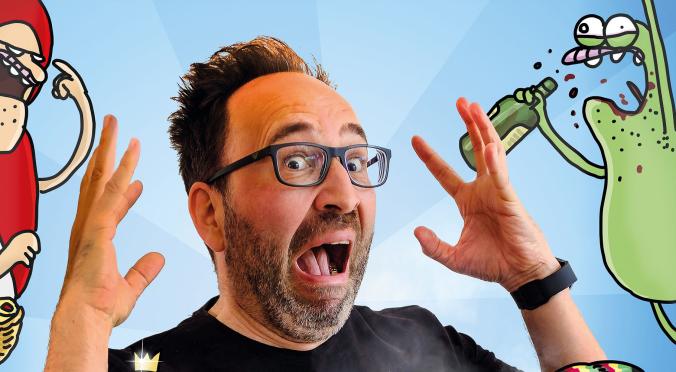 Ein Mann mit Brille und Bart schreit erschrocken, umgeben von bunten, witzigen Cartoonfiguren mit übertriebenen Gesichtsausdrücken auf blauem Hintergrund.
