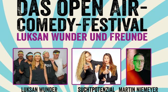 Plakat zum Open-Air-Comedy-Festival am 24.07.2025 in Berlin mit Luksan Wunder, Suchtpotenzial, Martin Niemeyer, Kiebling & Kaffka, Kirsten Fuchs und Piero Masztalerz.