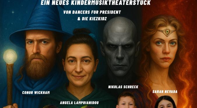 Zehn Personen, darunter vier fantasievoll inszenierte Erwachsene und sechs Kinder mit Musikinstrumenten, stehen vor einem farbenfrohen, magischen Hintergrund und blicken in die Kamera.