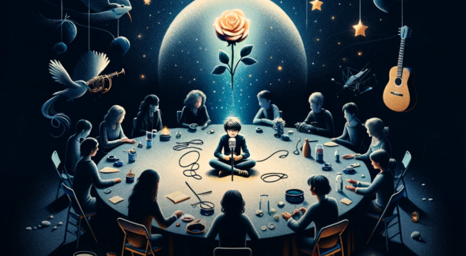 Gruppe von Personen sitzt im Kreis um einen Tisch, eine Person erzählt in die Mitte. Über ihnen schwebt eine leuchtende Rose vor einem Sternenhimmel. Text: 'unsichtbar'.