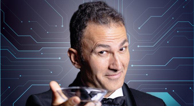 Mann im Smoking mit Fliege hält ein Cocktailglas und lächelt leicht. Der Hintergrund zeigt ein futuristisches, blaues Schaltkreismuster.
