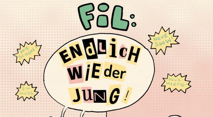 Comic-Plakat mit Text 'Endlich wieder jung!': Älteres Paar auf E-Scootern fährt an zwei jungen Männern vorbei, eine Katze und ein Küken schauen zu. Sprechblasen mit humorvollen Kommentaren.