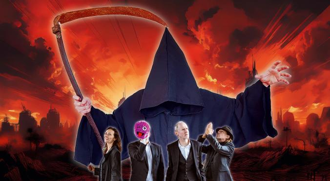 Vier Personen in Anzügen stehen vor einer apokalyptischen Stadtkulisse: Eine riesige, kapuzenbekleidete Gestalt mit Sense hält sie umschlungen, eine Person trägt eine pinkfarbene Maske.