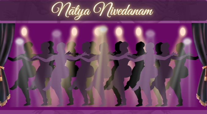 Plakat von ‚Nātya Berlin präsentiert: Nātya Nivedanam‘ mit Silhouetten tanzender Personen auf einer Bühne. Text: Bharatanatyam & Kuchipudi, Tanzschulaufführung mit Live-Musik.