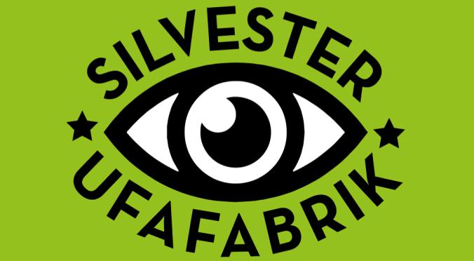 Logo mit stilisiertem Auge und dem Text 'Silvester UfaFabrik – Dancing into the Future! Theater – Samba – Disco' auf grünem Hintergrund.