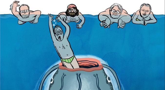 Gezeichnete Szene: Vier Männer im Wasser, einer wird von einem großen Wal verschluckt, während er mit den Armen zappelt; die anderen drei schwimmen erschrocken im Hintergrund.